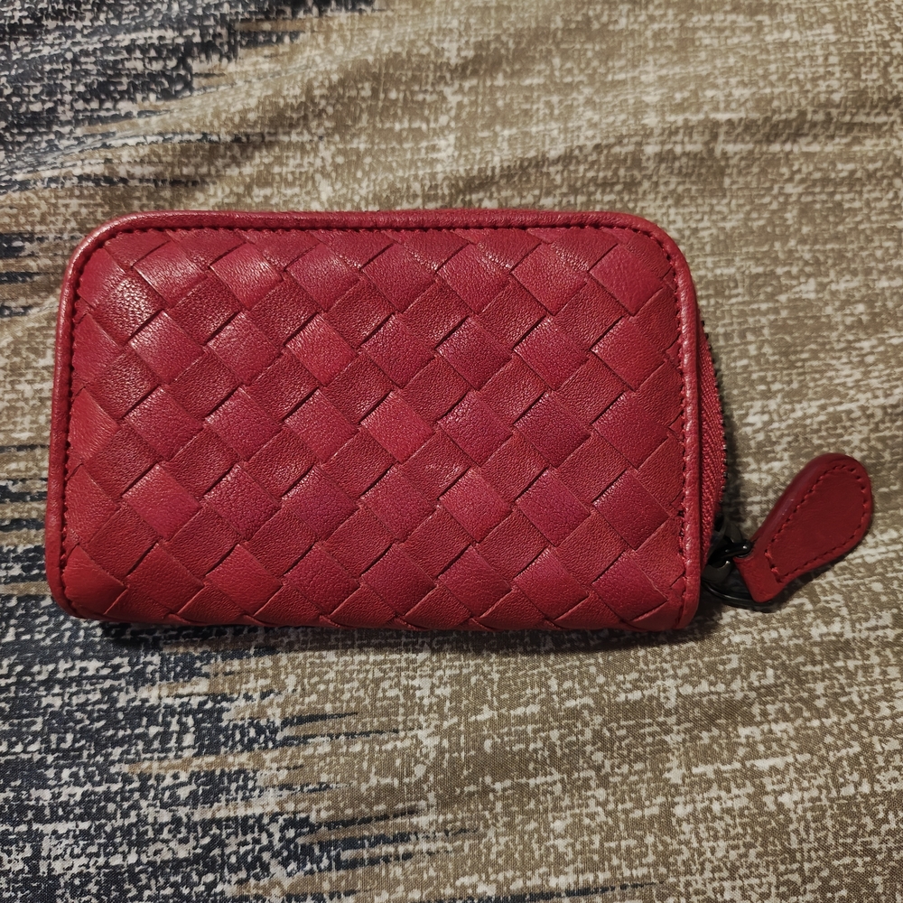 SOLD* Red Woven Bottega Veneta Leather Zip Wallet